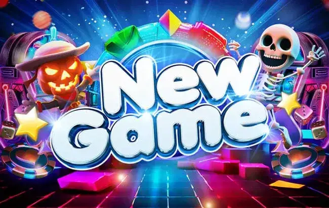 การ์ดหมวดเกมเปิดใหม่ เป็นภาพตัวละครหัวฟักทองสวมหมวกปีกกว้างกับโครงกระดูกการ์ตูนยืนขนาบข้างบนลานกระเบื้องเรืองแสง มีอัญมณีสีสดและดาวสีเหลืองกระจายอยู่ และมีข้อความ New Game ตัวหนาสีขาวอยู่กลางภาพ
