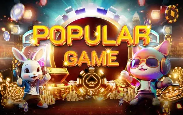 การ์ดหมวดเกมยอดนิยม เป็นภาพกระต่ายการ์ตูนกับแมวการ์ตูนสวมแว่นกันแดดและหูฟัง ยืนขนาบข้างหีบสมบัติที่มีเหรียญทองล้น มีชิปคาสิโนลายโพดำลอยอยู่รอบ และมีข้อความ POPULAR GAME ตัวหนาสีทองอยู่กลางภาพ